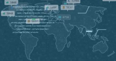 Harita üzerinde akış şeması, bilgilendirme çubukları ve bilgisayar dili animasyonu. Dijital olarak üretilmiş, hologram, sosyal medya hatırlatıcısı, yapay zeka, makine öğrenme ve teknoloji kavramı.