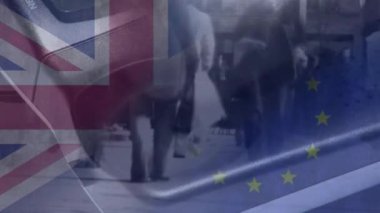 Telefonun animasyonu, eu bayrakları ve İngiltere Zebra Geçidi 'nde yürüyen insanlar. Brexit, zaman, hız, üretkenlik ve iş konsepti dijital olarak oluşturulmuş video.