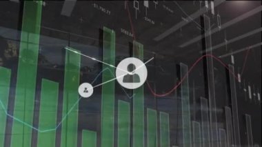 İstatistikler üzerinden simgelerle bağlantı ağının animasyonu. Küresel iş, bağlantılar, hesaplama ve veri işleme kavramı dijital olarak oluşturulmuş video.