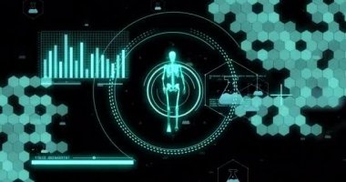 Siyah arka planda insan iskeleti modeliyle tarama ve veri işleme animasyonu. Bilim, tıp ve veri işleme kavramı dijital olarak oluşturulmuş video.