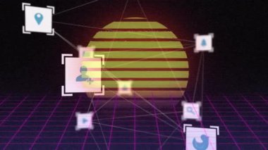 Siyah arkaplana karşı ızgara desen üzerinde bağlı ikonların animasyonu. Dijital olarak üretilmiş, hologram, illüstrasyon, iletişim, tebligat, doğa ve teknoloji kavramı.