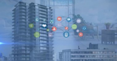 Modern binaların ve evdeki mobilyaların üzerindeki noktalarla bağlantılı ikonların animasyonu. Dijital bileşik, çoklu pozlama, iletişim, mesaj, mimari ve teknoloji konsepti gibi..