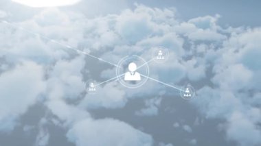 Bulutların üzerindeki simgelerle bağlantı ağının animasyonu. Küresel bağlantılar, bulut hesaplama ve veri işleme kavramı dijital olarak oluşturulmuş video.