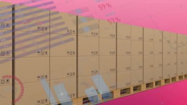 Taşıma bandındaki kutuların üzerindeki istatistiksel veri işlemelerinin gradyan arkaplana göre canlandırılması. Lojistik ağ ve iş veri teknolojisi kavramı