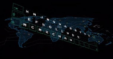 Animation of data processing over world map. Global business, finance, computing and data processing concept digitally generated video.