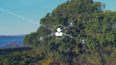 Manzara üzerindeki simgelerle bağlantı ağının animasyonu. Küresel bağlantılar, bulut hesaplama ve veri işleme kavramı dijital olarak oluşturulmuş video.