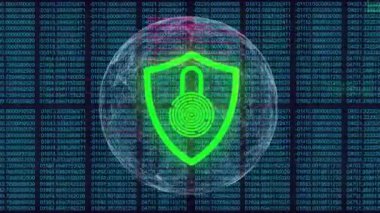 Kalkandaki asma kilidin animasyonu, rakamları değiştirmek ve siyah arkaplanda dünyayı gezmek. Dijital olarak üretilmiş, hologram, işletme, büyüme, koruma, güvenlik, küreselleşme ve teknoloji kavramı.