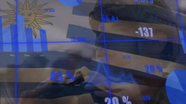 Animación Procesamiento Datos Financieros Sobre Bandera Uruguay Negocios Globales Redes — Vídeos de Stock