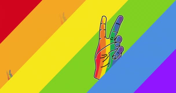 彩虹背景上的彩虹和平姿态的动画 骄傲和庆祝的概念 数码制作的录像 — 图库视频影像