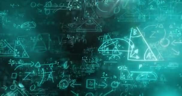 数学的な方程式と抽象的な背景の上に移動するレンズフレアのアニメーション デジタル生成 ホログラム イラスト ソリューション 教育コンセプト — ストック動画