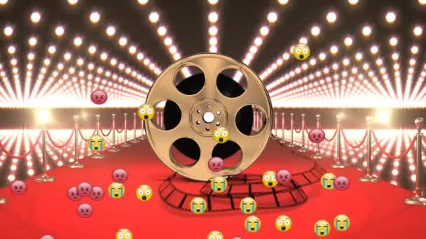 Animation Emojis Film Reel Stanchions Red Carpet Lights Flashing Background — Stock Video