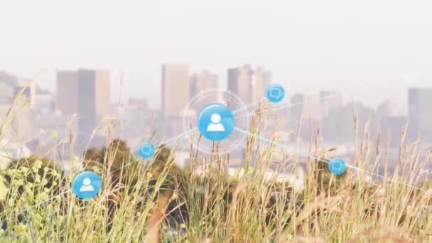 Animation Connected Icons Close Grass Modern Cityscape Digital Composite Multiple — Stock Video