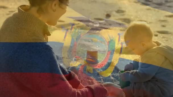 Animation Ekuadorianska Flaggan Över Kaukasiska Mor Och Barn Som Leker — Stockvideo