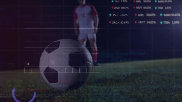 Animação Placa Negociação Gráficos Sobre Jogador Caucasiano Chutando Bola Futebol — Vídeo de Stock