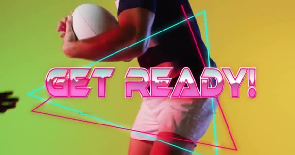 Animation Get Ready Text Neon Pattern Diverse Rugby Players Global — Stock Video