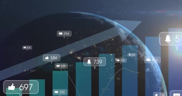 Animación Iconos Redes Sociales Procesamiento Datos Estadísticos Contra Globo Concepto — Vídeo de stock