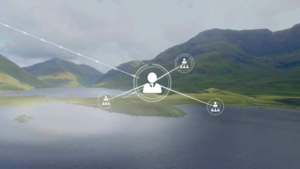 Animação Ícones Conectados Sobre Vista Aérea Lago Entre Montanhas Contra — Vídeo de Stock