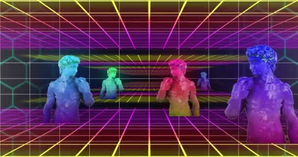 抽象的な背景に対するグリッドパターンを持つ多色の光沢のある男性像のアニメーション デジタル生成 ホログラム イラスト クリエイティブ アート 3次元コンセプト — ストック動画