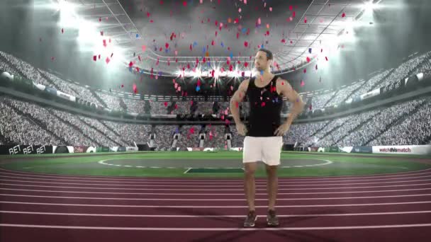 加卡人跑步者挥挥手向人山人海的体育场打招呼 在天空中表演科菲蒂的动画 数码合成 多重曝光 抽象概念和竞争概念 — 图库视频影像