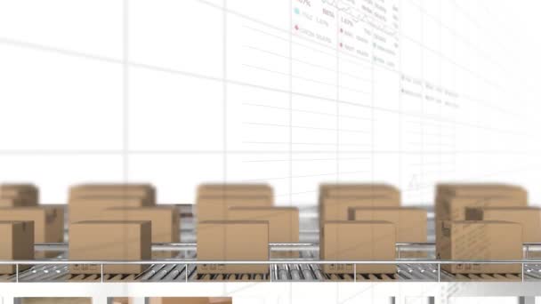Animação Placas Negociação Múltiplos Gráficos Sobre Caixas Papelão Correia Transportadora — Vídeo de Stock