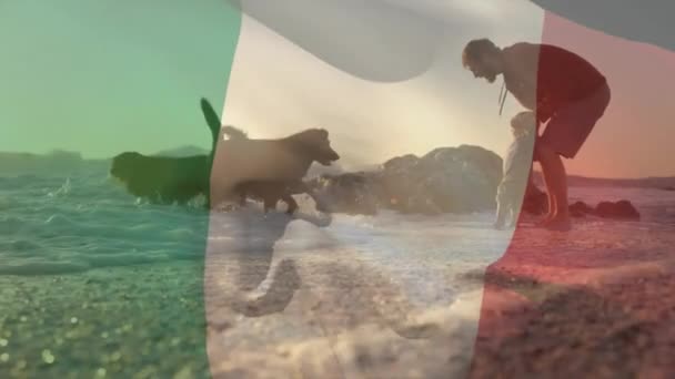 Animatie Van Italiaanse Vlag Kaukasische Vader Kind Met Honden Zonnig — Stockvideo