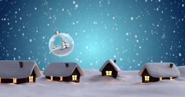 Анімація Снігу Падає Над Різдвяною Вадою Зимовими Пейзажами Фоні Будинків — стокове відео
