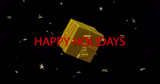 Animación Texto Rojo Felices Fiestas Con Caja Regalo Navidad Estrellas — Vídeos de Stock