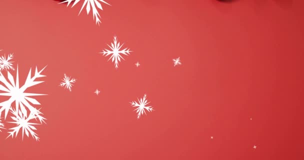 Animação Neve Caindo Sobre Bugigangas Natal Fundo Vermelho Natal Festa — Vídeo de Stock