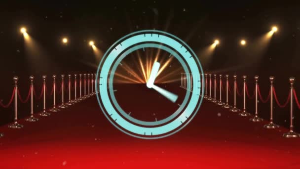 Animation Digital Clock Falling Confetti Stanchions Red Carpet Spotlights Digitally — Stock Video