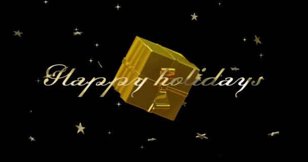 用金色礼品盒和黑色背景的星星来动画快乐假期的文字 圣诞庆典 寒假和庆祝概念 — 图库视频影像