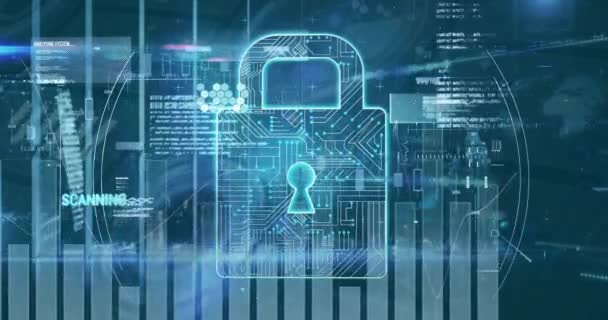 Animação Processamento Dados Sobre Cadeado Segurança Conceito Global Segurança Cibernética — Vídeo de Stock