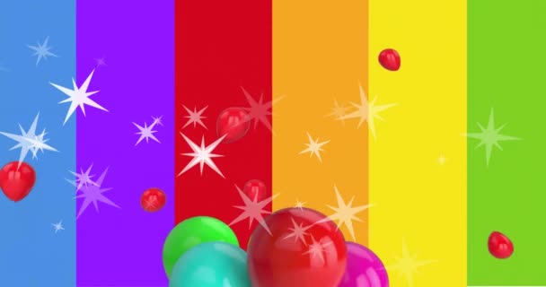 虹のストライプの上を飛ぶ星や風船のアニメーション デジタル複合 複数の露出 Lgbtqia Lgbtqia ゲイのプライドシンボル 自由と平等概念 — ストック動画
