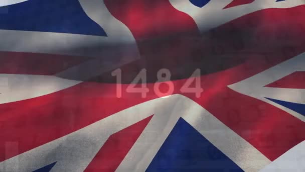 Animación Número Creciente Sobre Ondear Bandera Del Reino Unido Contra — Vídeos de Stock