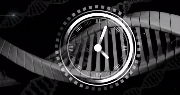 Animação Movimento Relógio Sobre Fio Dna Fundo Preto Conceito Ciência — Vídeo de Stock