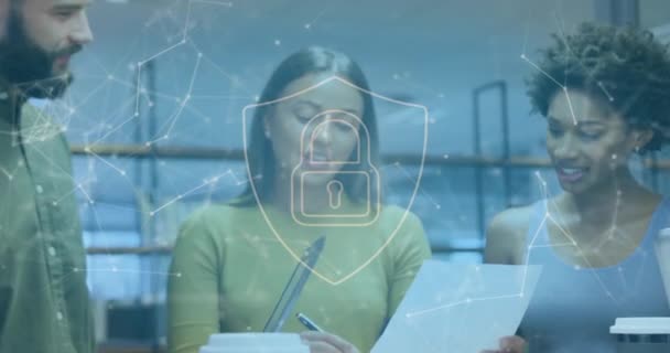 Animation Padlock Shield Connected Dots Diverse Coworkers Discussing Reports Digital — Stock Video