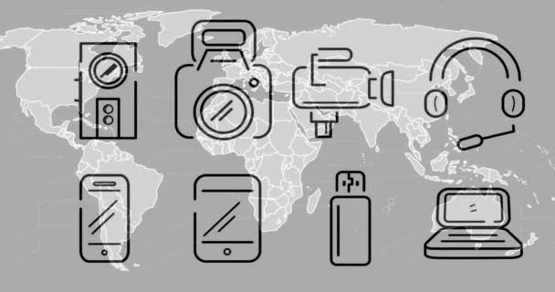 Animáció Technológia Ikonok Világ Térképén Szürke Alapon Globális Üzleti Kommunikációs — Stock videók