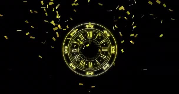 Gece Yarısını Gösteren Saat Animasyonu Siyah Arka Planda Patlayan Havai — Stok video