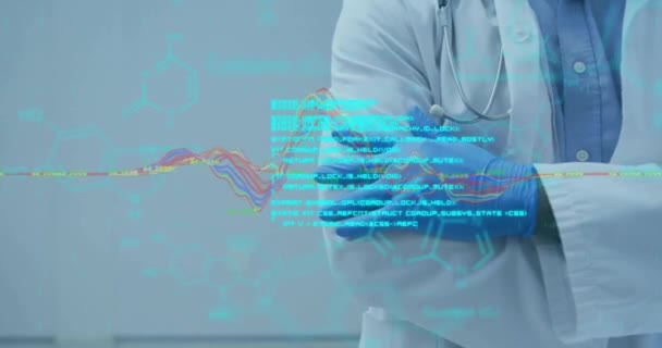 实验室中科学家对数据处理的动画化 全球医学 计算和数据处理概念 — 图库视频影像
