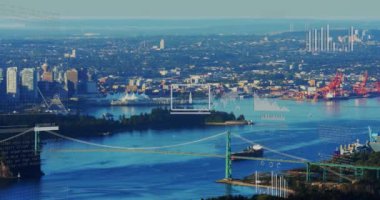 Şehir manzarası üzerindeki iş simgeleriyle veri işleme animasyonları. Küresel iş, finans ve dijital arayüz kavramı dijital olarak oluşturulmuş video.