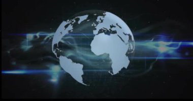 Siyah zemin üzerindeki ışık yollarının üzerindeki dünyanın animasyonu. Küresel teknoloji, iletişim, bilgisayar ve dijital arayüz kavramı dijital olarak oluşturulmuş video.