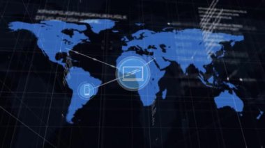 Dünya haritasının animasyonu ve bağlantıların veri işlemesi. Küresel bilim, bağlantılar, hesaplama ve veri işleme kavramı dijital olarak oluşturulmuş video