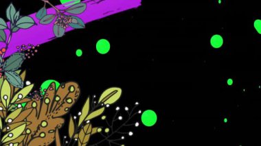 Siyah arkaplanda renkli şekillerin üzerindeki yaprakların animasyonu. Arkaplan tasarımı, renkler ve şekiller dijital olarak oluşturulmuş video konsepti.