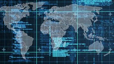 Dünya haritası ve şebekesi üzerinde veri işleme animasyonu. Küresel finans, iş, bağlantılar, hesaplama ve veri işleme kavramı dijital olarak oluşturulmuş video.