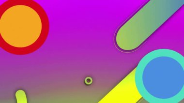 Mor arka planda renkli şekillerin canlandırılması. Arkaplan tasarımı, renkler ve şekiller dijital olarak oluşturulmuş video konsepti.