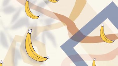 Beyaz arkaplanda renkli şekiller üzerinde muz simgelerinin canlandırılması. Arkaplan tasarımı, renkler ve şekiller dijital olarak oluşturulmuş video konsepti.