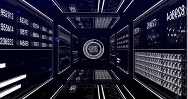 Veri işleme animasyonunun siyah arkaplan üzerindeki ışık yollarının üzerinde gerçekleşmesi. Küresel teknoloji, iletişim, bilgisayar ve dijital arayüz kavramı dijital olarak oluşturulmuş video.