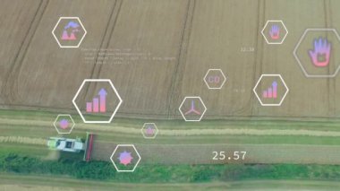 Kırsal tarım arazisi üzerinde ekolojik simgelerin ve veri işlemenin animasyonu. Küresel tarım, tarım, bağlantılar, hesaplama ve veri işleme kavramı dijital olarak oluşturulmuş video
