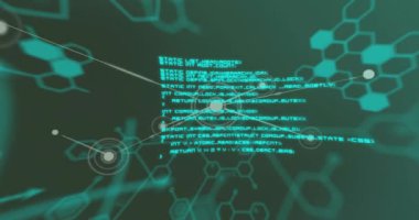 Bağlantıların animasyonu ve bilimsel veri işleme. Küresel bilim, bağlantılar, hesaplama ve veri işleme kavramı dijital olarak oluşturulmuş video.