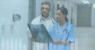 Çeşitli doktorların röntgen ışınlarıyla veri işleme animasyonları. Küresel tıp, bağlantılar, hesaplama ve veri işleme kavramı dijital olarak oluşturulmuş video