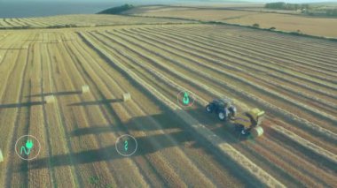 Kırsal tarım arazisi üzerinde ekolojik simgelerin ve veri işlemenin animasyonu. Küresel tarım, tarım, bağlantılar, hesaplama ve veri işleme kavramı dijital olarak oluşturulmuş video